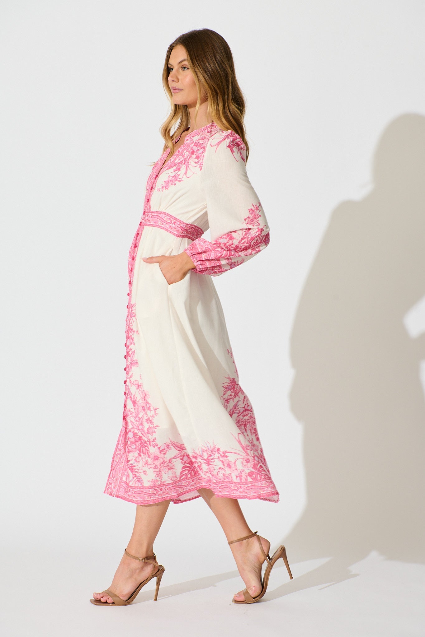 Evilia Maxi Dress in Cream with Pink Floral Linen Blend