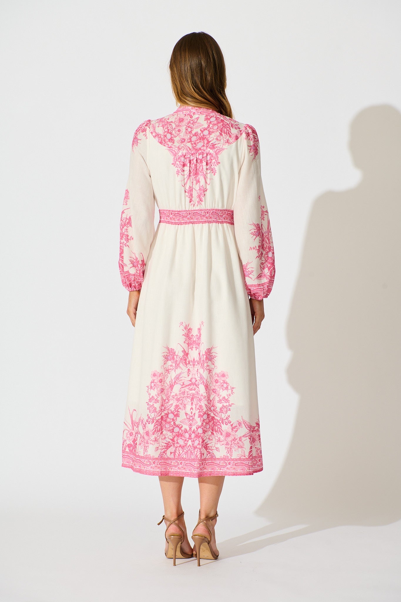 Evilia Maxi Dress in Cream with Pink Floral Linen Blend