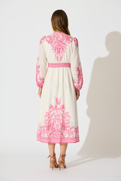 Evilia Maxi Dress in Cream with Pink Floral Linen Blend