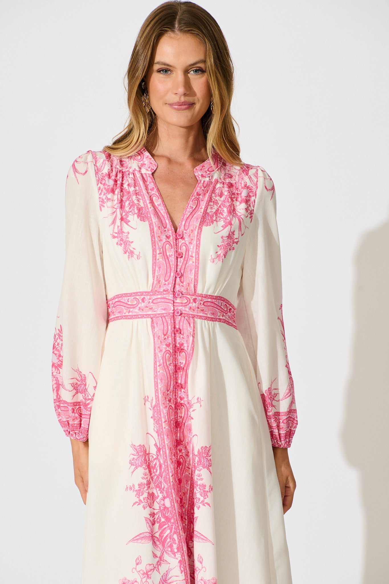 Evilia Maxi Dress in Cream with Pink Floral Linen Blend