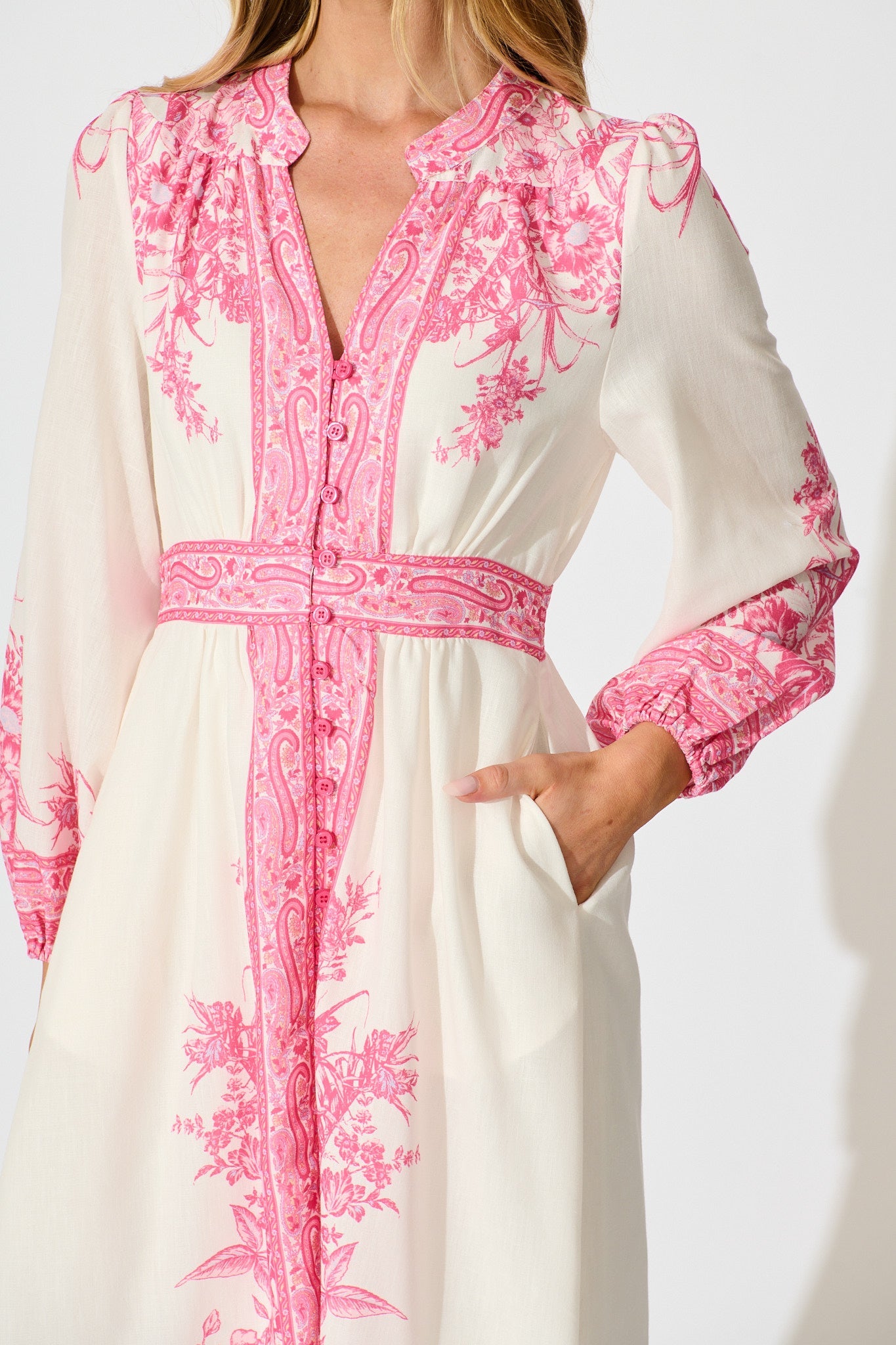 Evilia Maxi Dress in Cream with Pink Floral Linen Blend