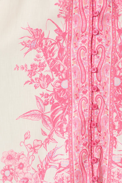 Evilia Maxi Dress in Cream with Pink Floral Linen Blend