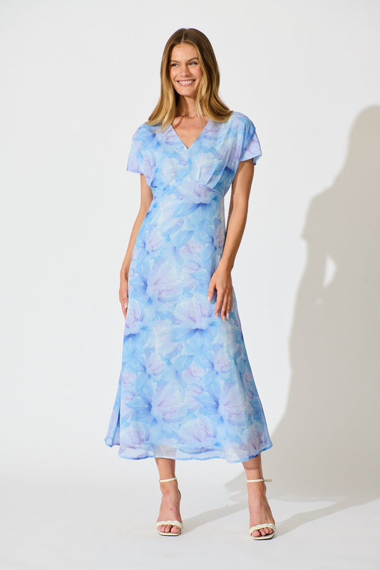 Maelis Maxi Dress in Blue Floral Chiffon