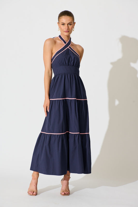 Celandine Halter Neck Maxi Dress in Navy Cotton
