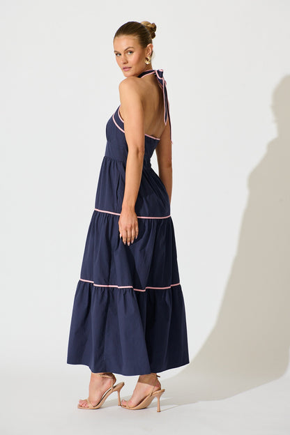 Celandine Halter Neck Maxi Dress in Navy Cotton