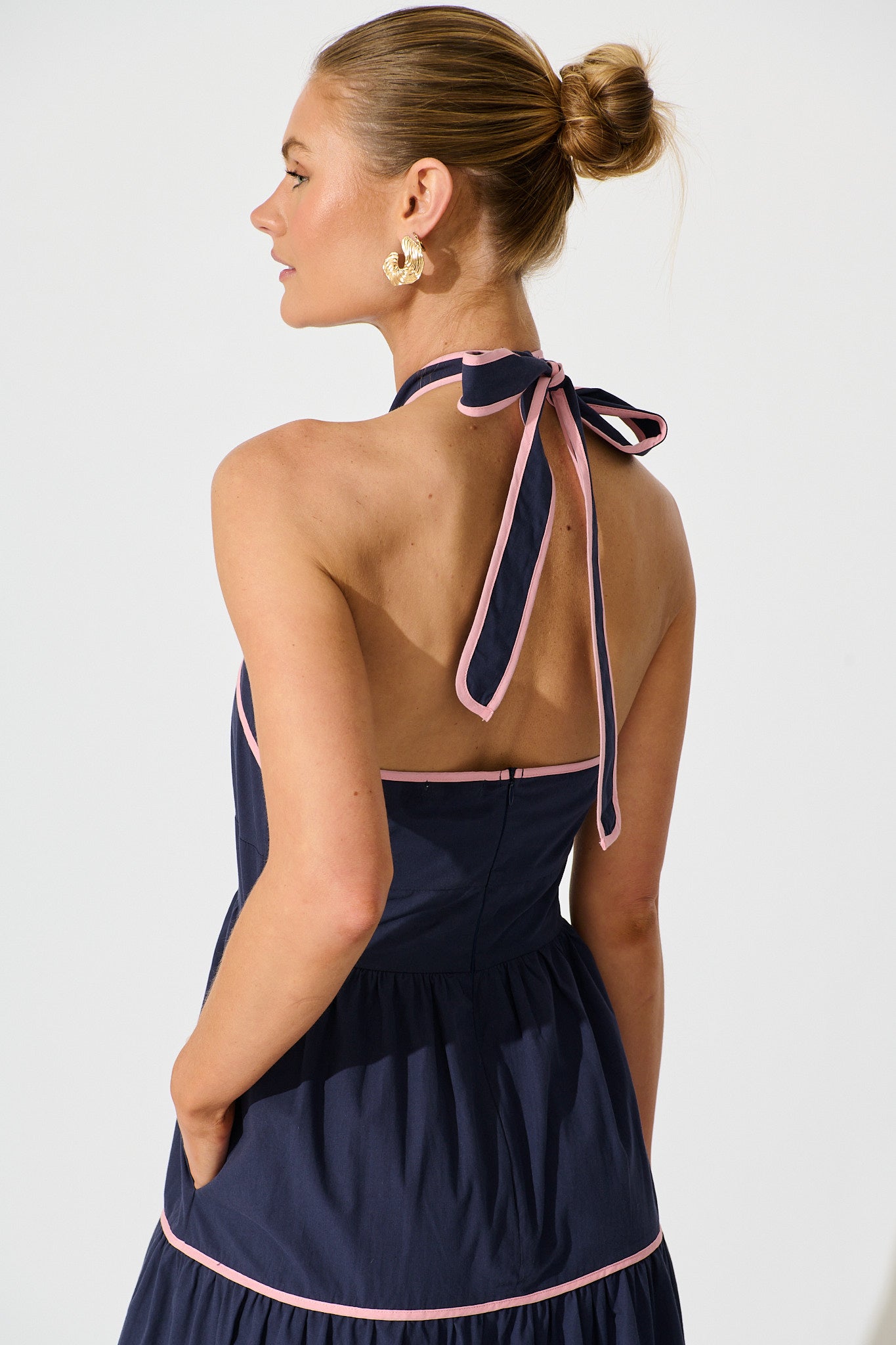 Celandine Halter Neck Maxi Dress in Navy Cotton