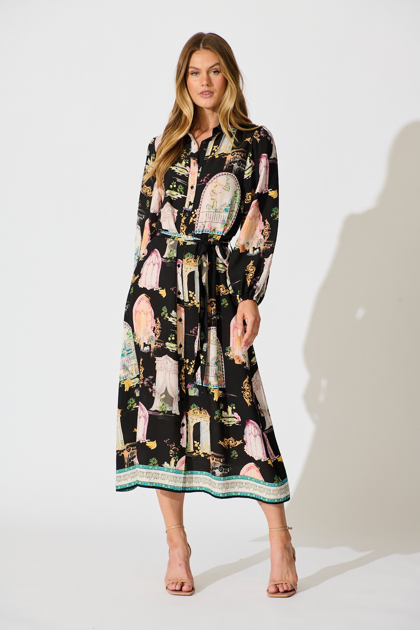 Henley Midi Shirt Dress in Black Multi Print
