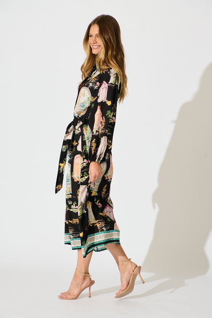 Henley Midi Shirt Dress in Black Multi Print