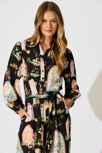 Henley Midi Shirt Dress in Black Multi Print