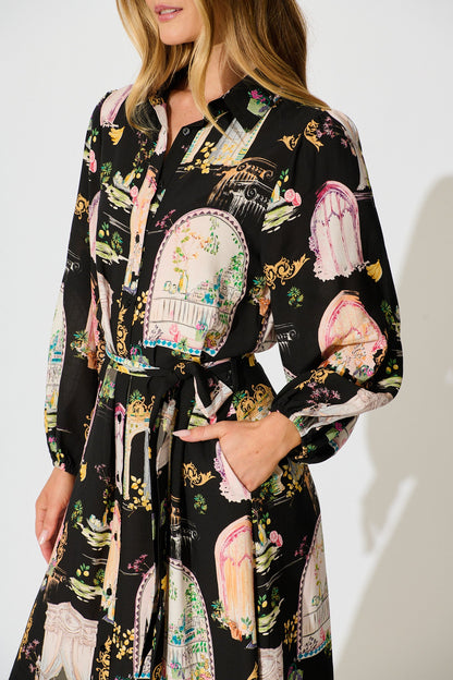 Henley Midi Shirt Dress in Black Multi Print