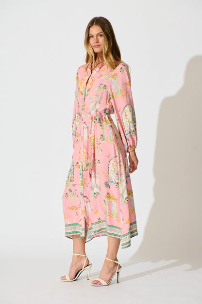 Henley Midi Shirt Dress in Pink Multi Print