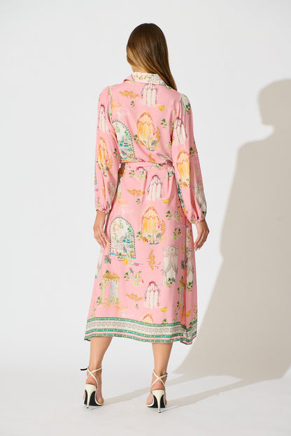 Henley Midi Shirt Dress in Pink Multi Print