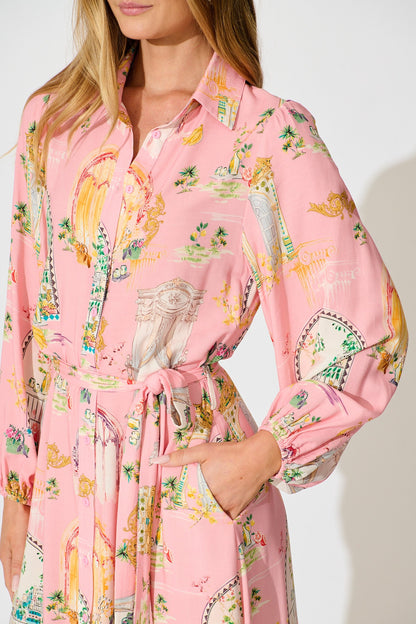 Henley Midi Shirt Dress in Pink Multi Print