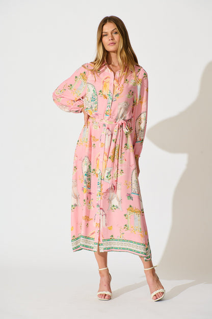 Henley Midi Shirt Dress in Pink Multi Print