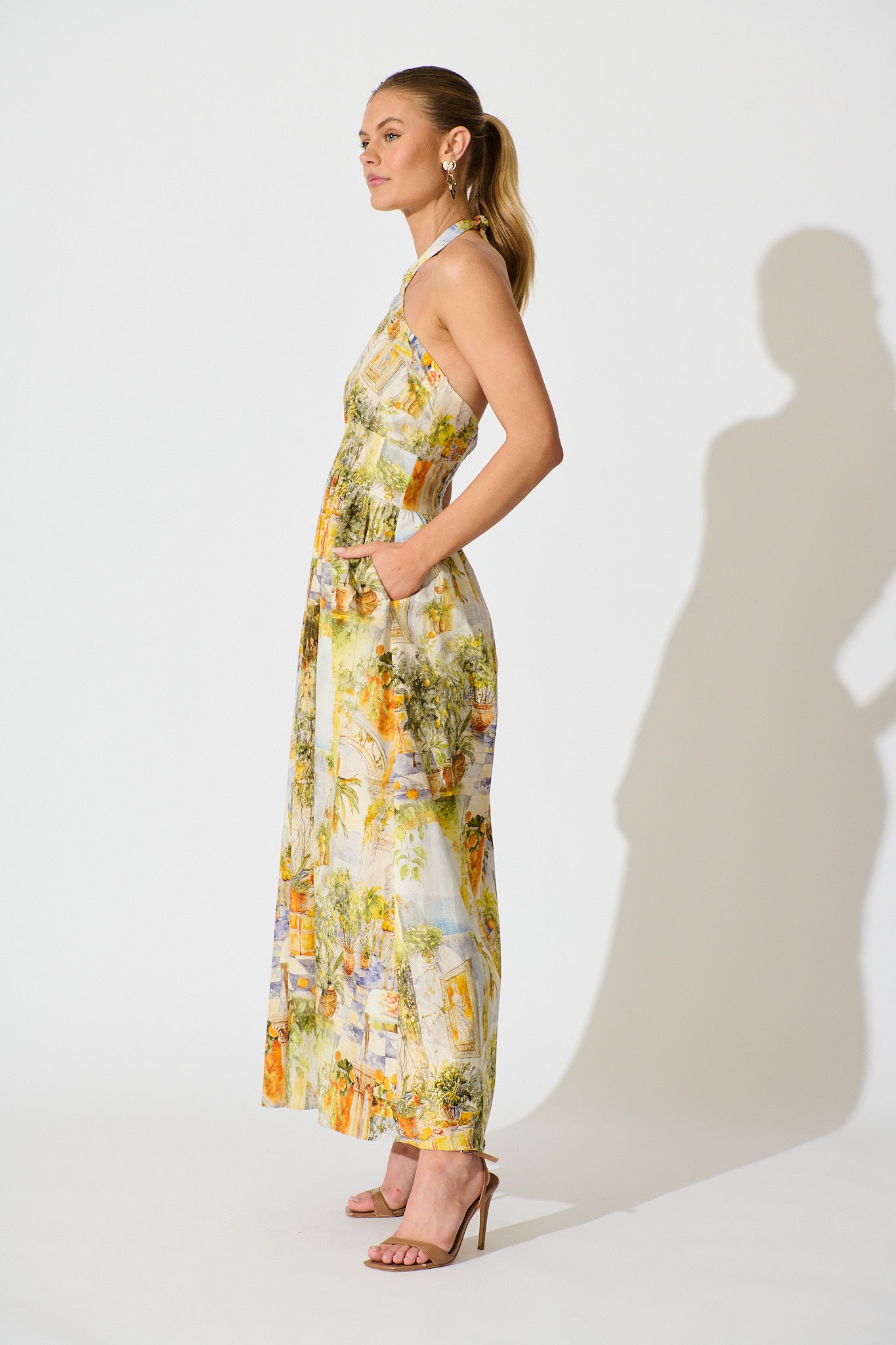 Dinah Halter Neck Maxi Dress in Yellow Multi Mediterranean Cotton