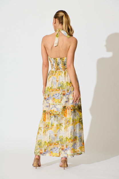 Dinah Halter Neck Maxi Dress in Yellow Multi Mediterranean Cotton