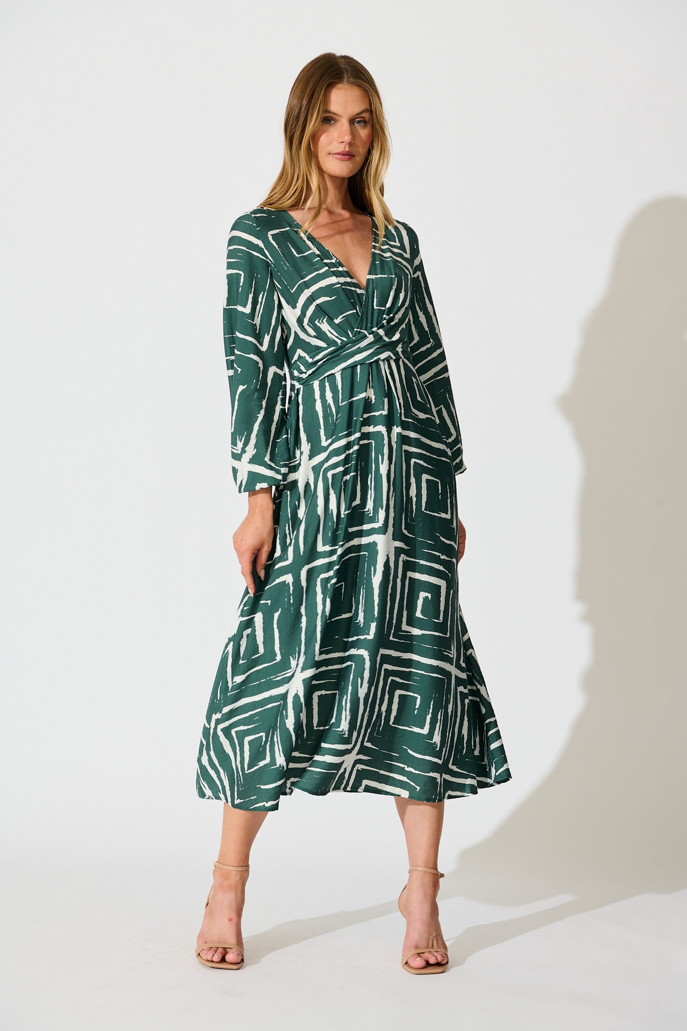 Suzanna Midi Dress in Green Geometric Print