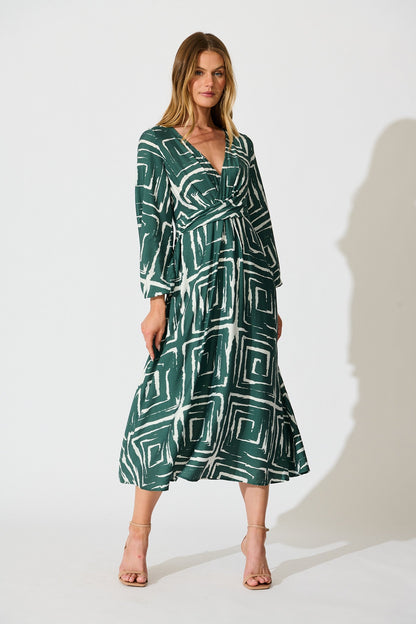 Suzanna Midi Dress in Green Geometric Print