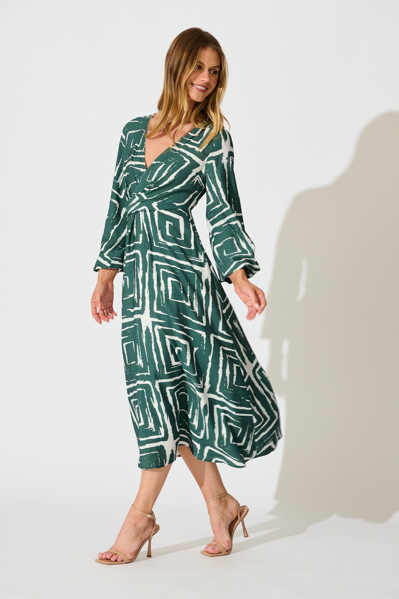 Suzanna Midi Dress in Green Geometric Print