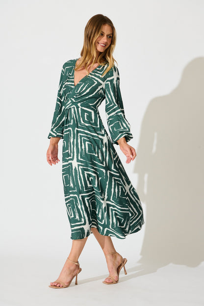 Suzanna Midi Dress in Green Geometric Print