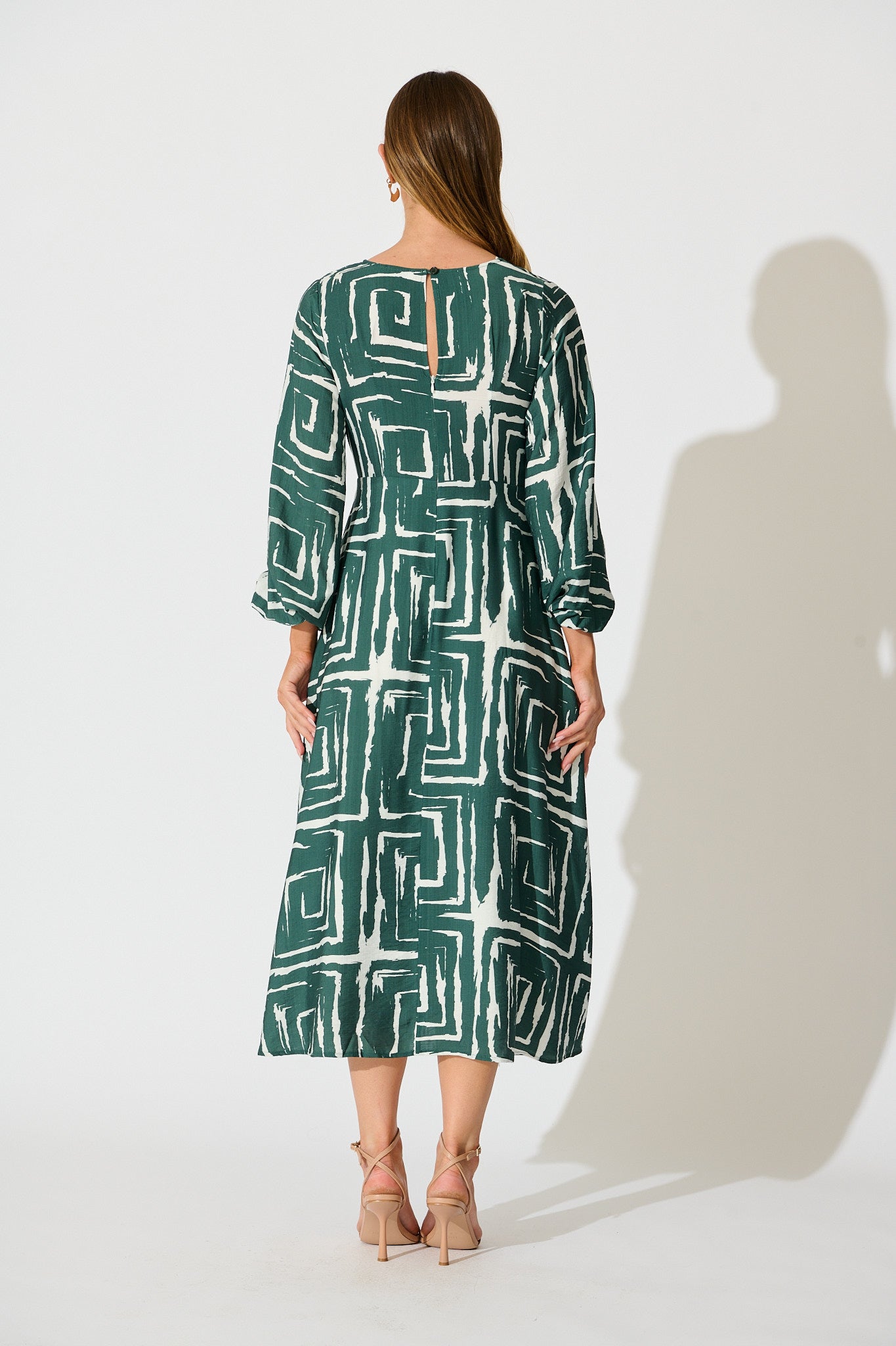 Suzanna Midi Dress in Green Geometric Print