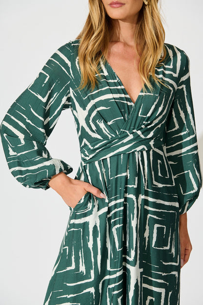 Suzanna Midi Dress in Green Geometric Print