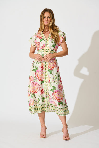Portofino Bloom Midi dress in Cream with Pink Floral