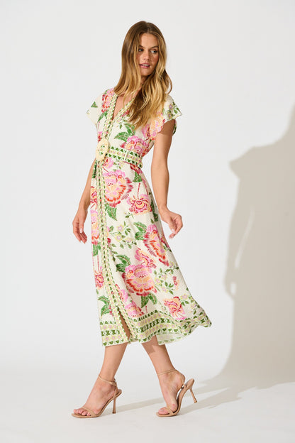 Portofino Bloom Midi dress in Cream with Pink Floral