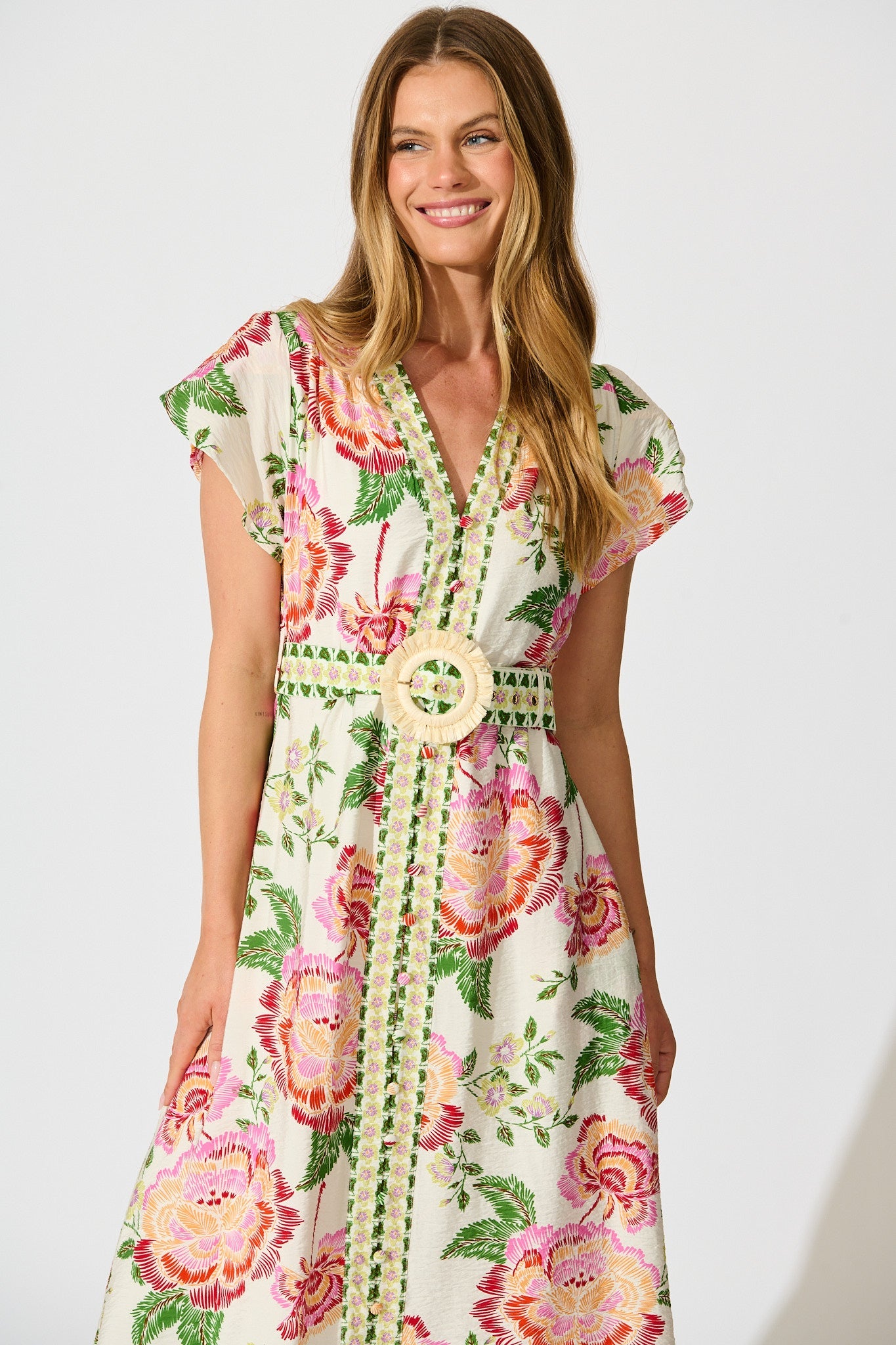 Portofino Bloom Midi dress in Cream with Pink Floral