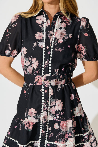 Zami Shirt Dress in Black with Blush Floral Linen Blend