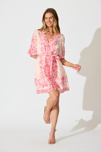 Talara Dress in Pink Floral Linen Blend