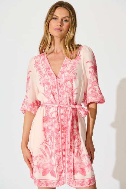 Talara Dress in Pink Floral Linen Blend