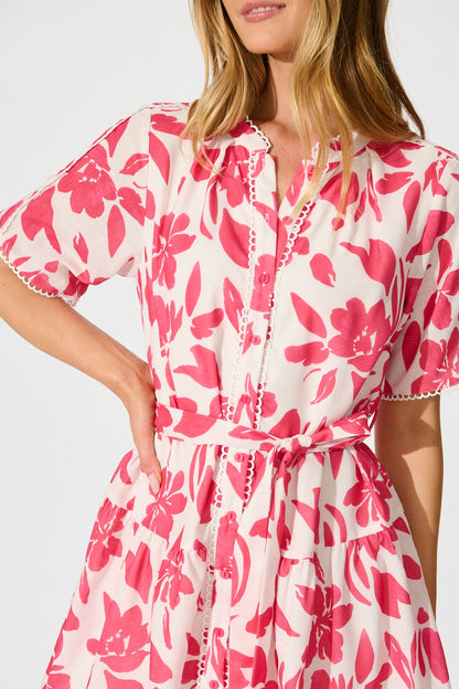 Emiliana Dress in White with Pink Floral Linen Blend