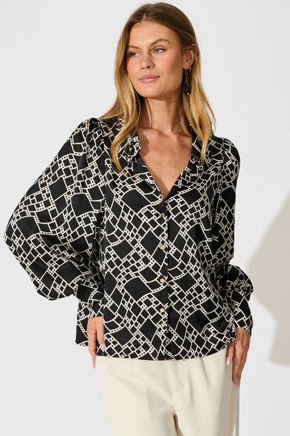 Mara Shirt in Black and White Geometric Satin