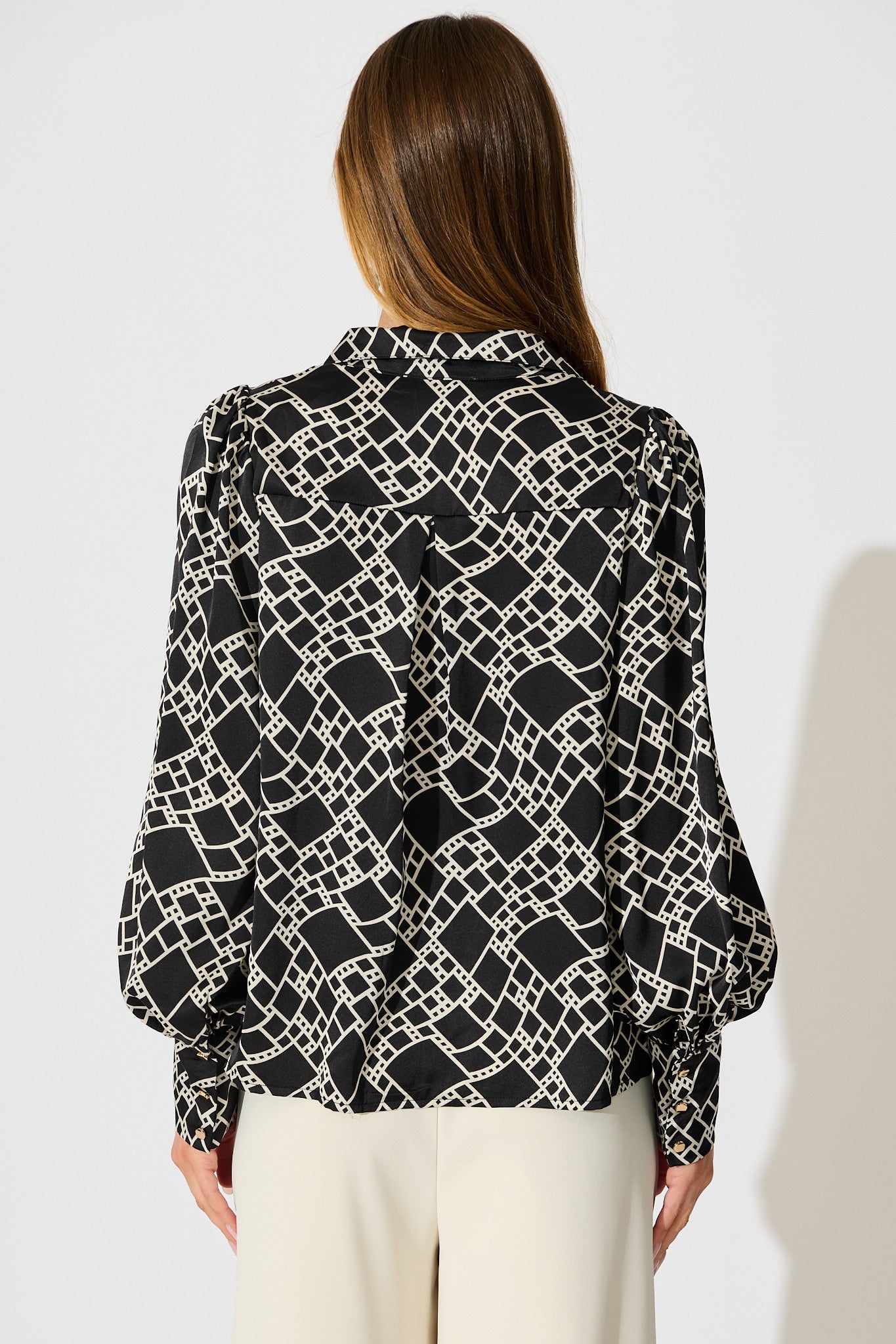 Mara Shirt in Black and White Geometric Satin