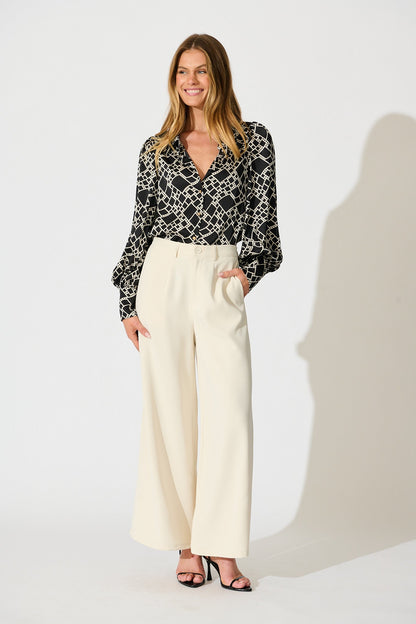 Mara Shirt in Black and White Geometric Satin