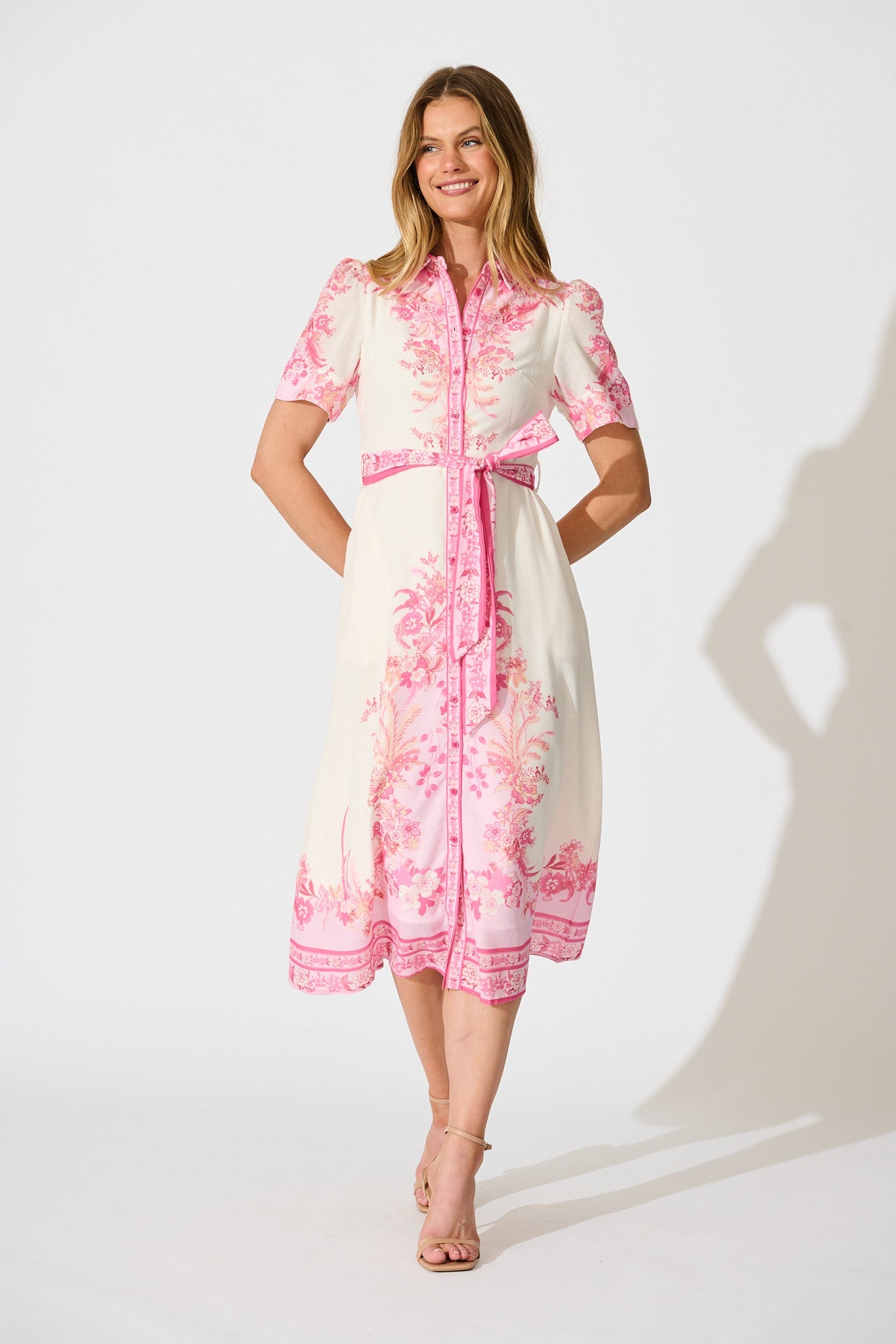 Aveta Midi Shirt Dress in Cream with Pink Floral Linen Blend