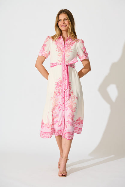 Aveta Midi Shirt Dress in Cream with Pink Floral Linen Blend