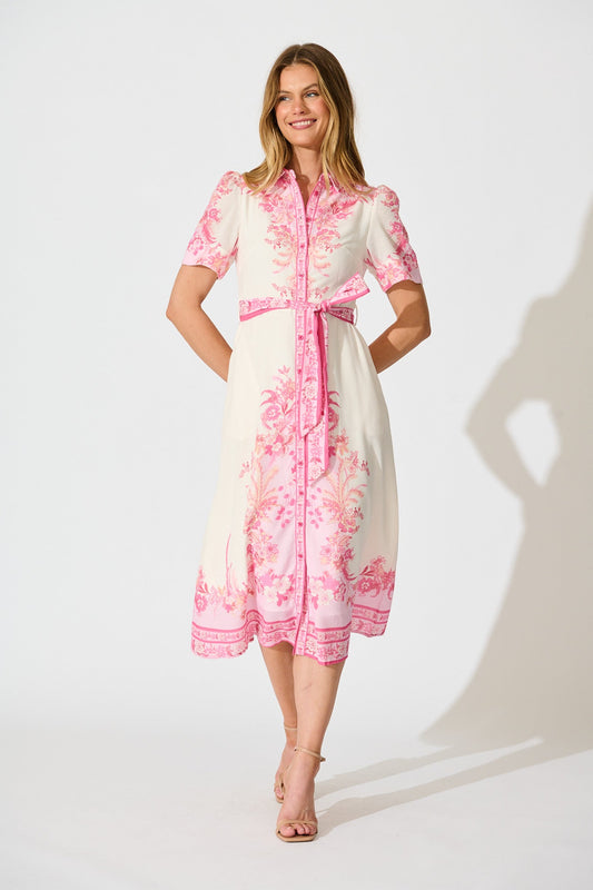 Aveta Midi Shirt Dress in Cream with Pink Floral Linen Blend