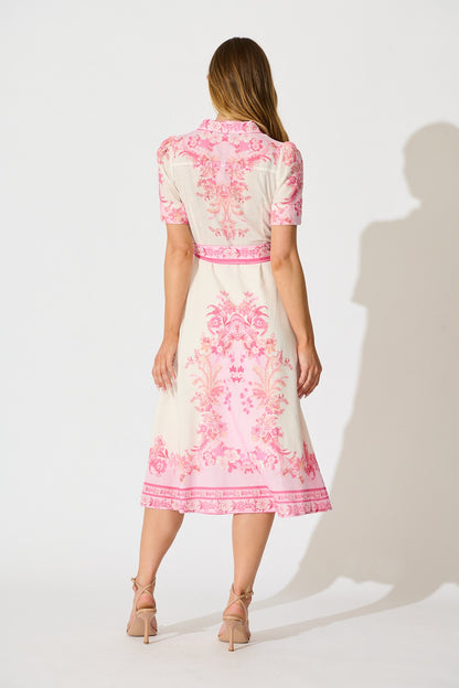 Aveta Midi Shirt Dress in Cream with Pink Floral Linen Blend