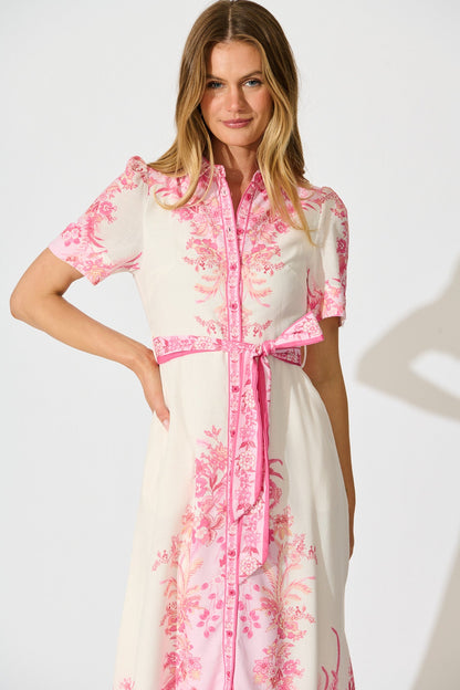 Aveta Midi Shirt Dress in Cream with Pink Floral Linen Blend