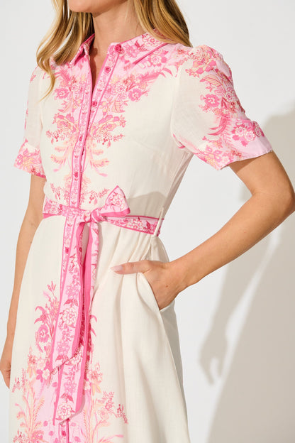 Aveta Midi Shirt Dress in Cream with Pink Floral Linen Blend