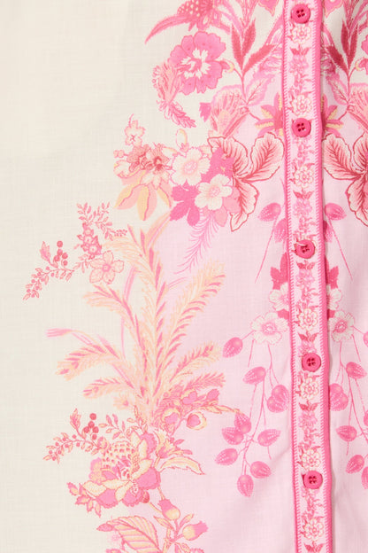 Aveta Midi Shirt Dress in Cream with Pink Floral Linen Blend