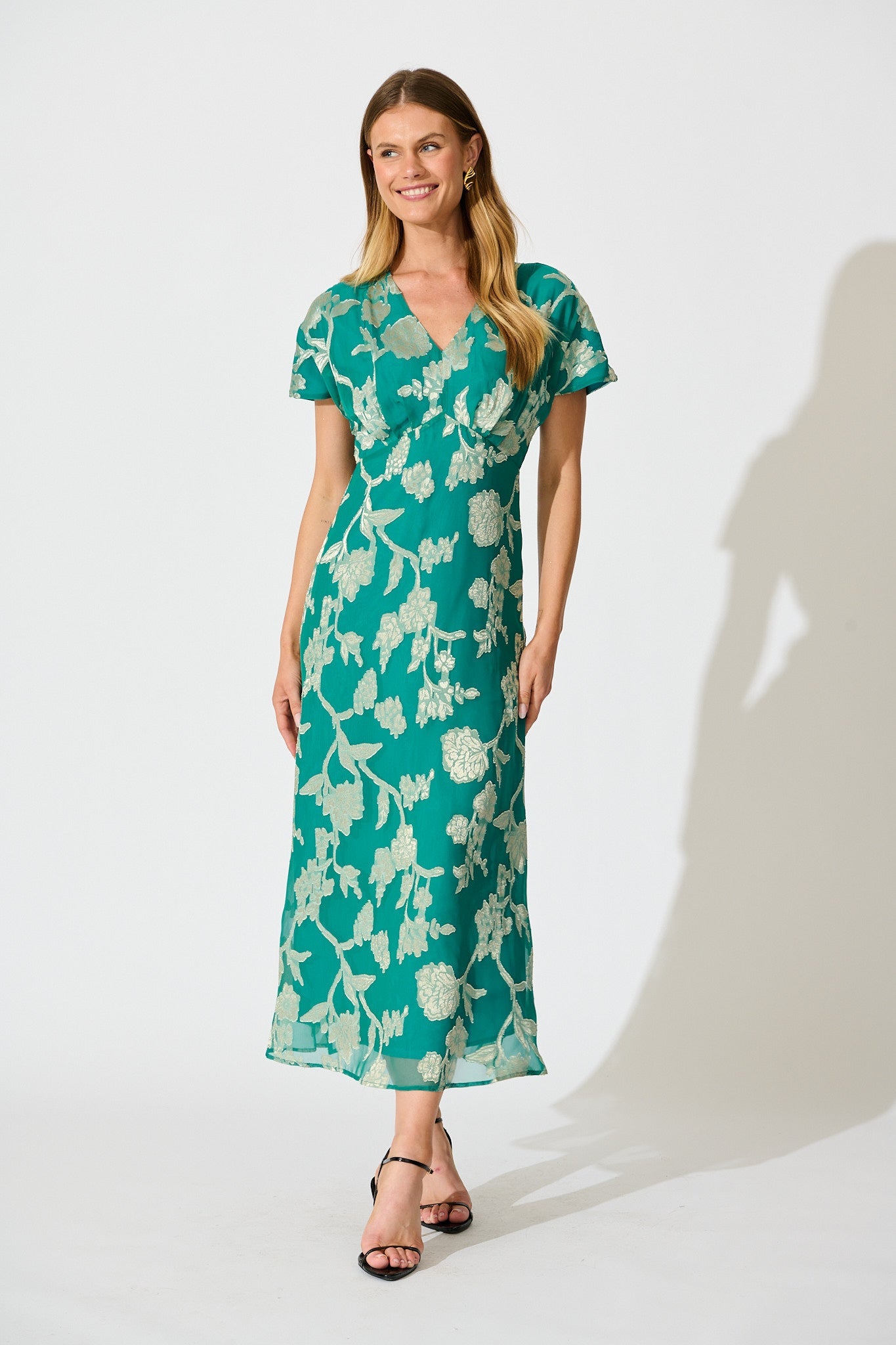 Maelis Maxi Dress in Teal and Gold Burnout Chiffon