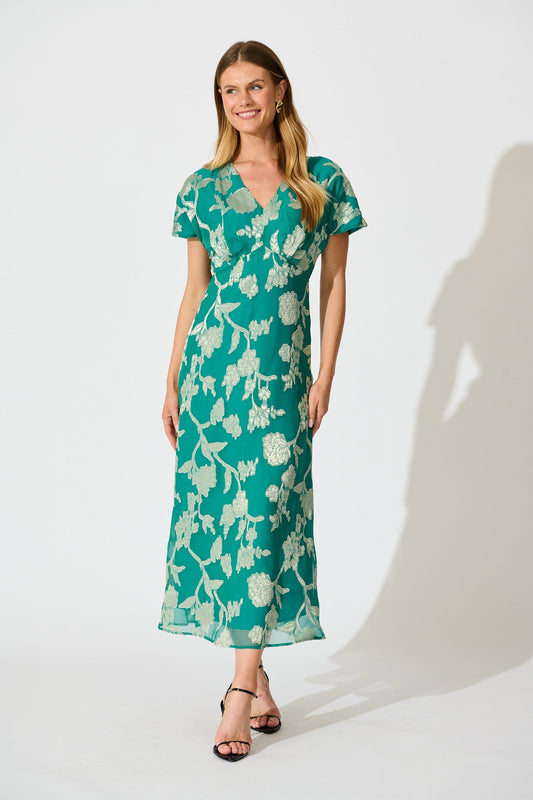 Maelis Maxi Dress in Teal and Gold Burnout Chiffon