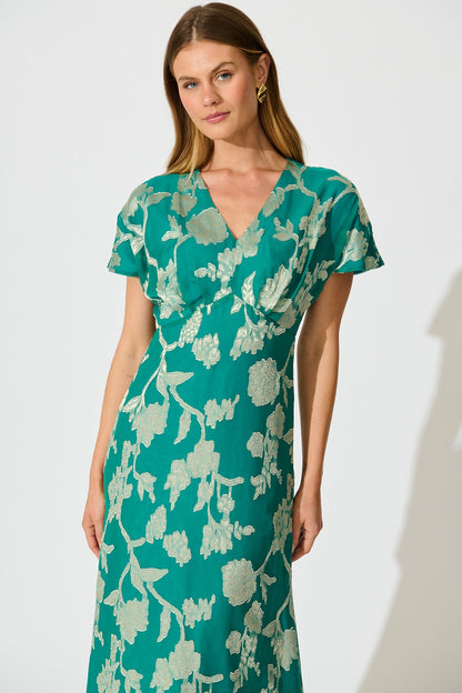 Maelis Maxi Dress in Teal and Gold Burnout Chiffon