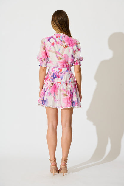 Marielle Dress in White with Pink Watercolour