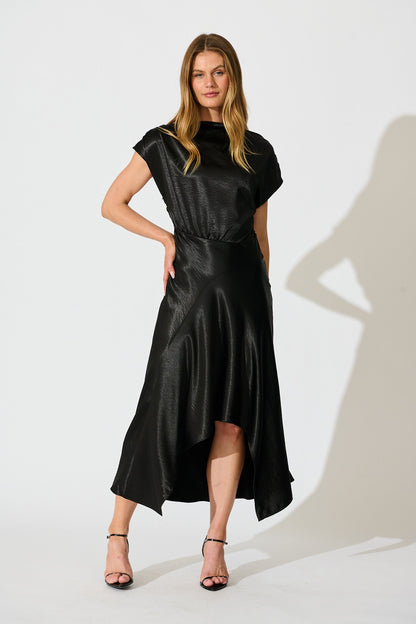 Satin Glow Off Shoulder Maxi Dress in Black Satin