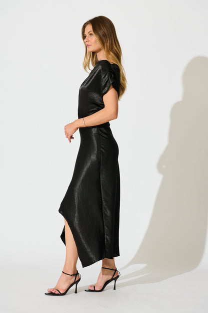 Satin Glow Off Shoulder Maxi Dress in Black Satin
