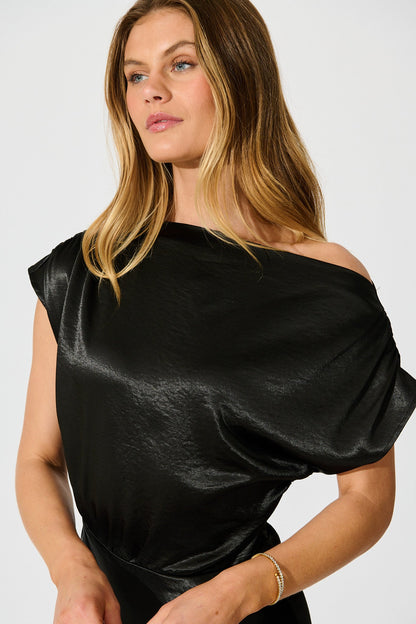 Satin Glow Off Shoulder Maxi Dress in Black Satin
